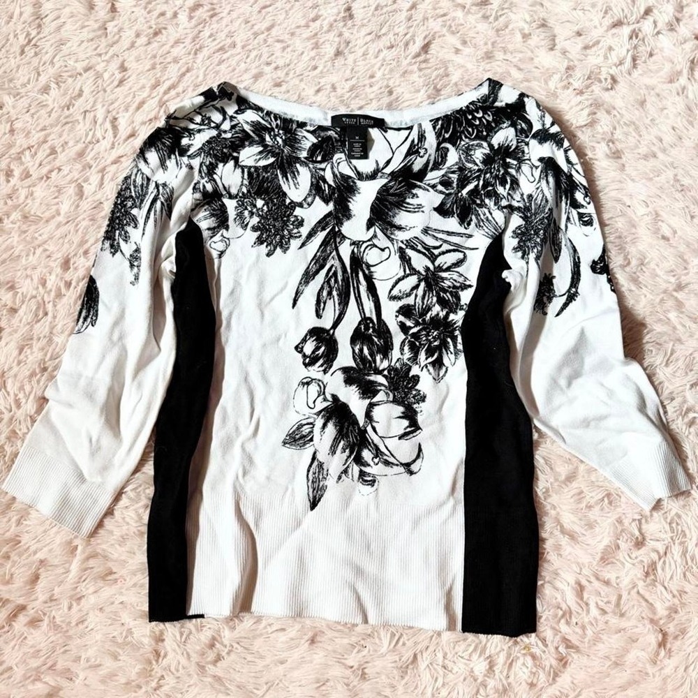 Monochrome Floral Quiet Luxury Hamptons Grandma Core Top Womens M Coastal Office